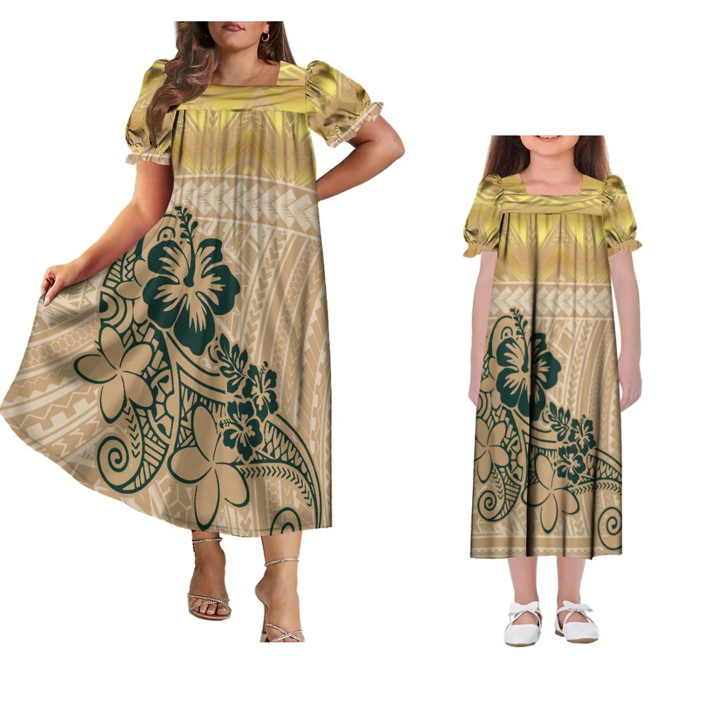 Hot 2025 Women'S Short-Sleeved Dress Samoa Micronesian Islands Design Mother-Daughter Dress Elegant Fluffy Maxi Dress