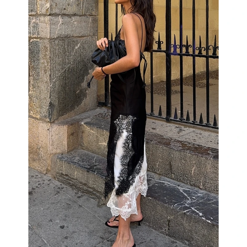 Women Floral Lace Hem Patchwork Satin High Low Vest Silk Spaghetti Strap Side Split Asymmetrical Cami Flowy Silky Layering Tops