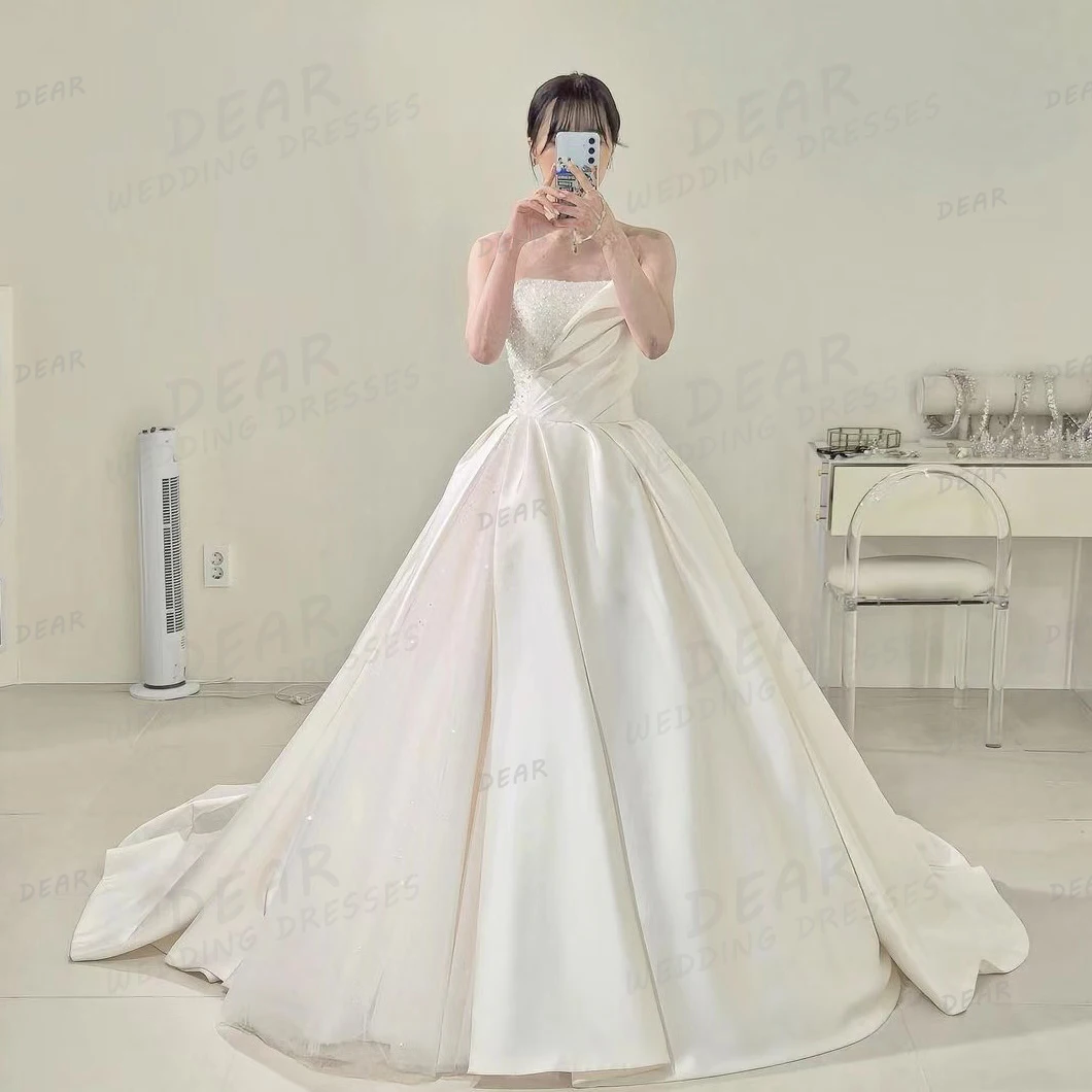 

Luxury Sparkle Wedding Dresses Woman's A Line Sexy Strapless Sleeveless Bridal Gowns Princess Satin Formal Party Vestidos Noche