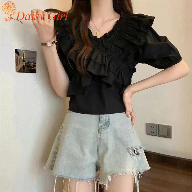 여름 얇은 달콤한 프릴 크로스 플리츠 시크 퍼프 슬리브 v 넥 쉬폰 셔츠 소녀의 귀 묶인 짧은 솔리드 컬러 탑