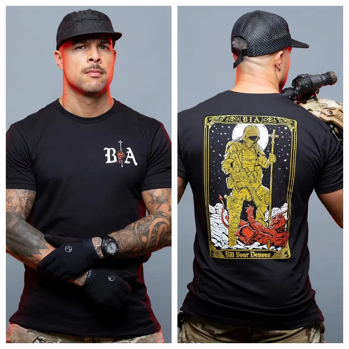 Camiseta BIA Kill Your Demons, marca de tendencia táctica militar resistente, camiseta gráfica para hombres y mujeres, ropa informal de verano de algodón