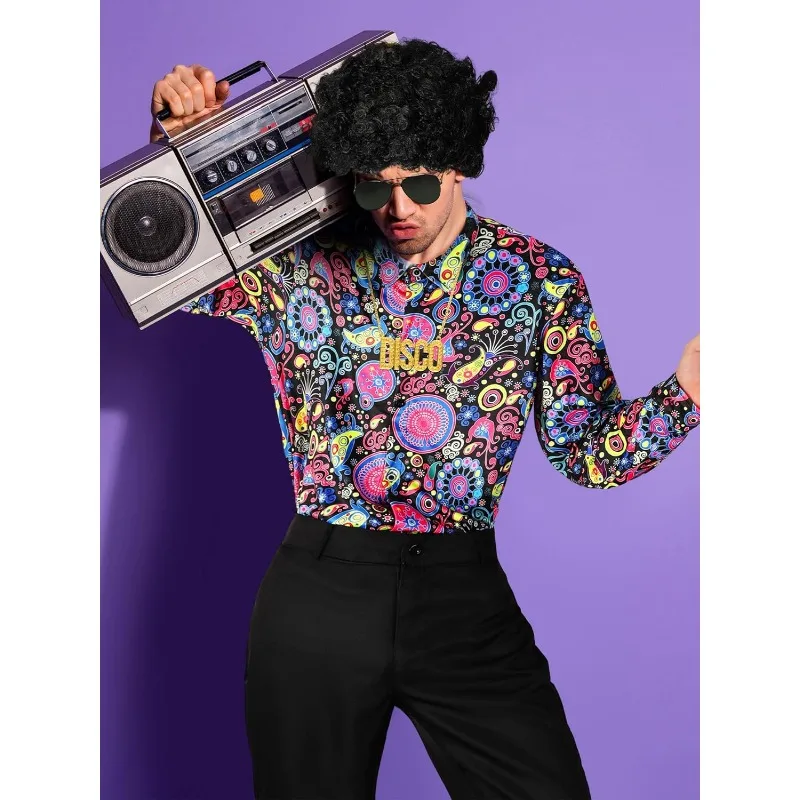 Ecoparty 6 Pcs Men 70s Disco Costumes Include Retro Shirt Bell Bottom Pants Wig Sunglasses Necklace Wig Cap for Disco Party