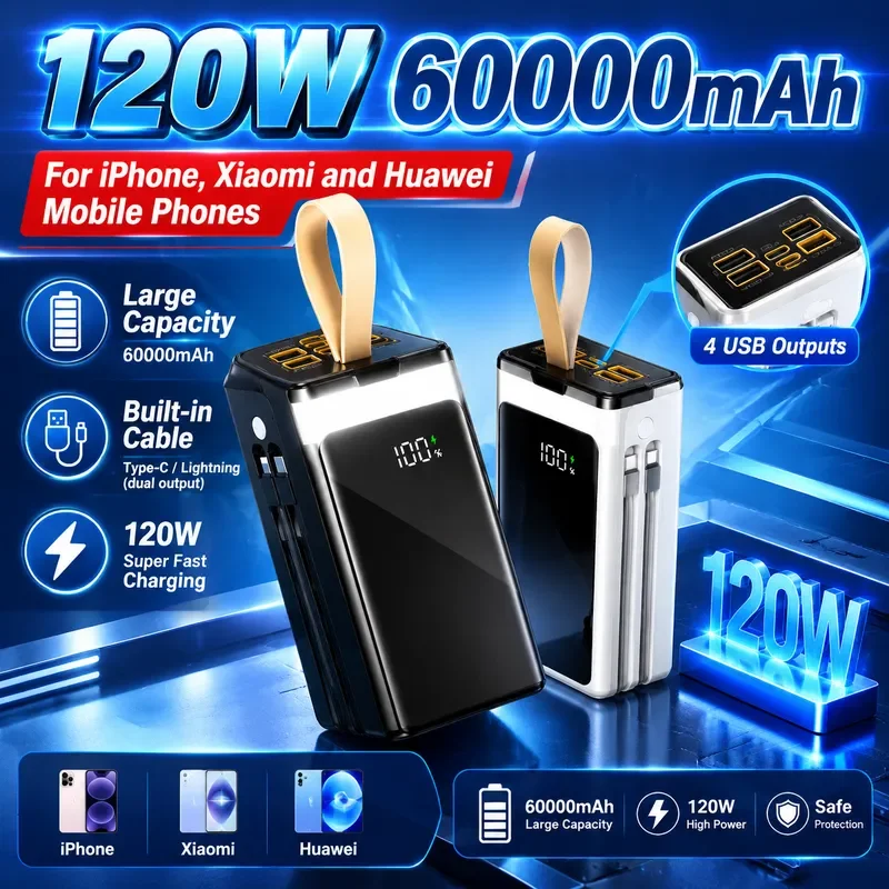 2027 New 120W 60000mAh Power Bank with Built-in Cable for iPhone Xiaomi Huawei Mobile Phones Large Capacity Outdoor Powerbank