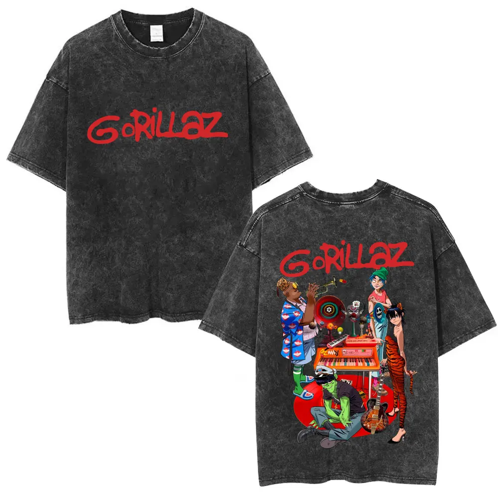 

Washed Vintage Rock Band Gorillaz T-shirt Men Women Hip Hop Fashion Cartoon Trend T Shirts Men's Cotton Casual Oversized T Shirt