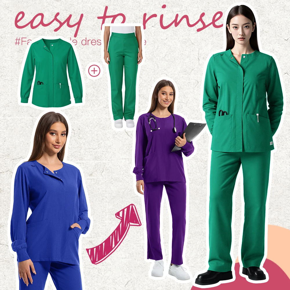 أطقم فرك طبية بأكمام طويلة زي موحد للنساء للممرضات الصلبة بدلة فرك المستشفى الزي الجراحي ملابس عمل لصالون التجميل السريري
