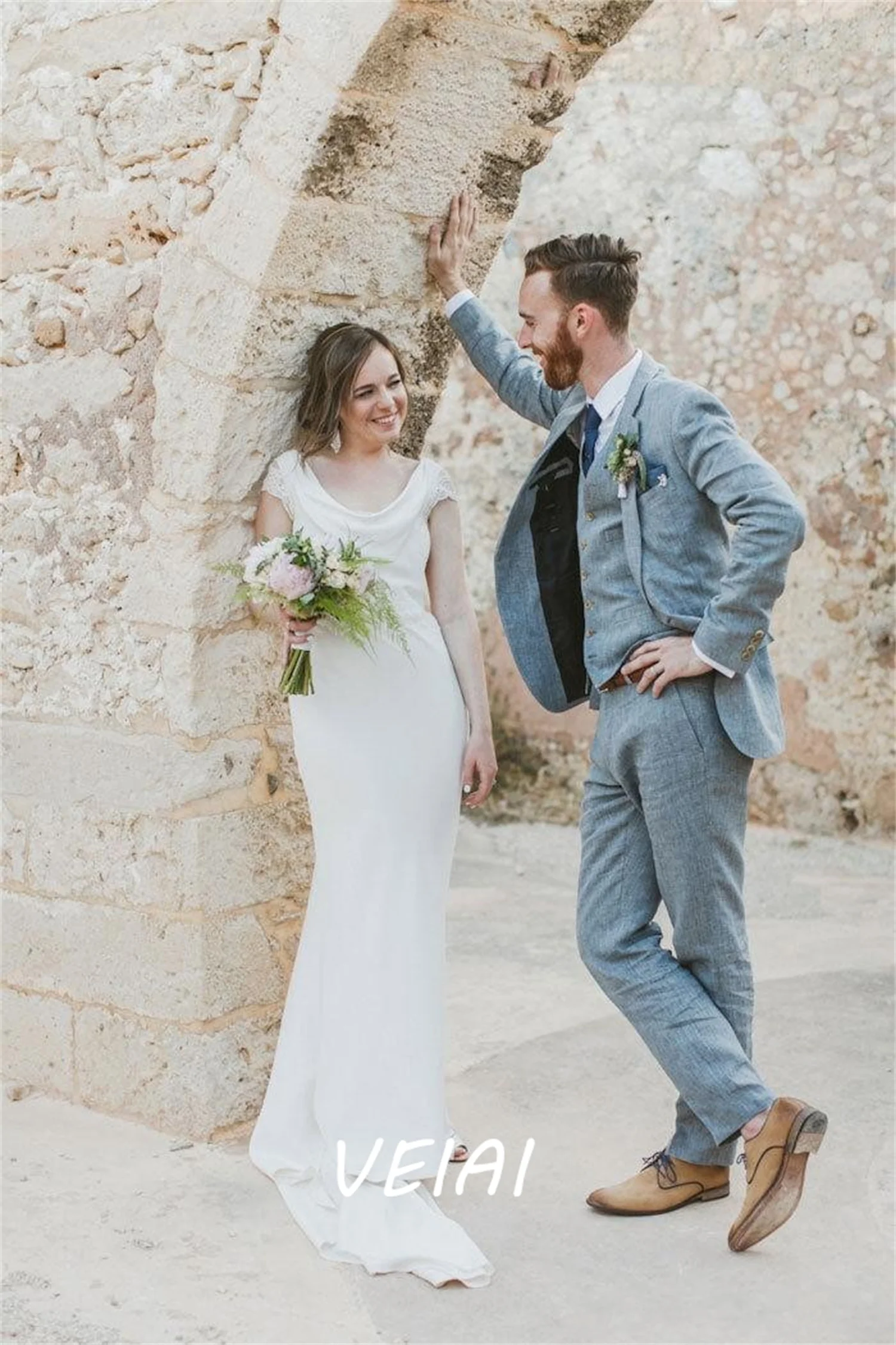 

Customized Blue Linen Suit Casual Summer Beach Wedding Suits For Men 3 Pieces Groom Best Man Wedding Party Prom Men Suit Ternos