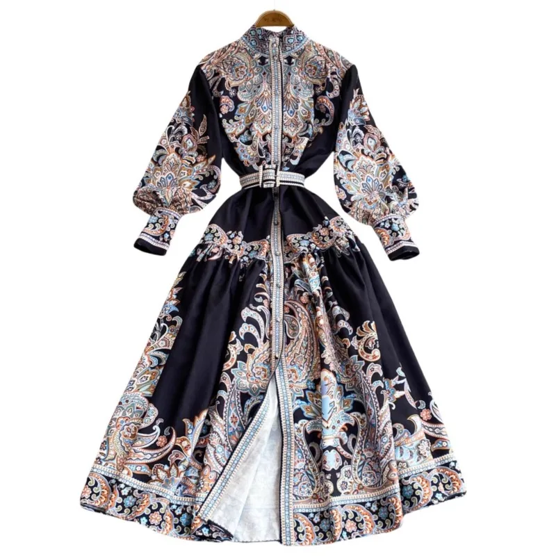 الرجعية المحكمة الأوروبية الوقوف طوق واحدة الصدر زر جرس كم الخصر Cinching مطوي التخسيس طويل طباعة ألف خط فستان #5