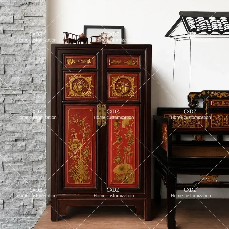 Retro Solid Wood Shoe Cabinet 2 Door Storage Unit for Living Room Entryway Foyer Neoclassical Decorative Partition Shelf