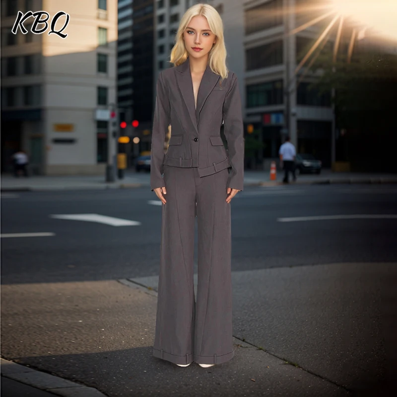 

KBQ Solid Two Piece Sets For Women Notched Collar Long Sleeve Spliced Pocket Blazers High Waist Long Pants Minimalist Set Female