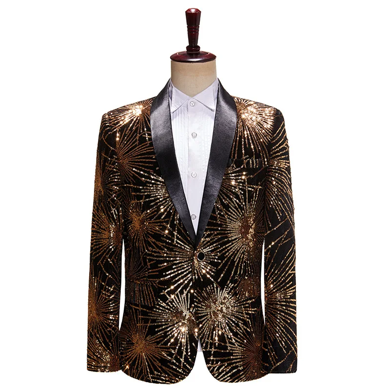 

Men's Black and White Fireworks Sequin Dress, Single Western Bar, Nightclub, Stage Performance, Suit, Host, Singer Jacket