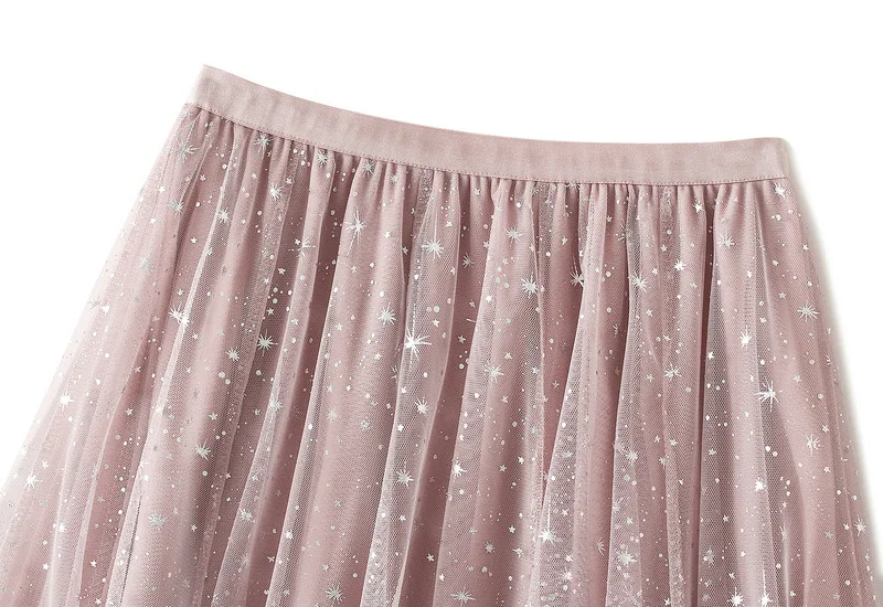 Women Starry Sky Mesh Tutu Skirts Sequin Glitter Layered Tulle A-Line Chic Elegant Puffy Mid Length SkirtStreetwear
