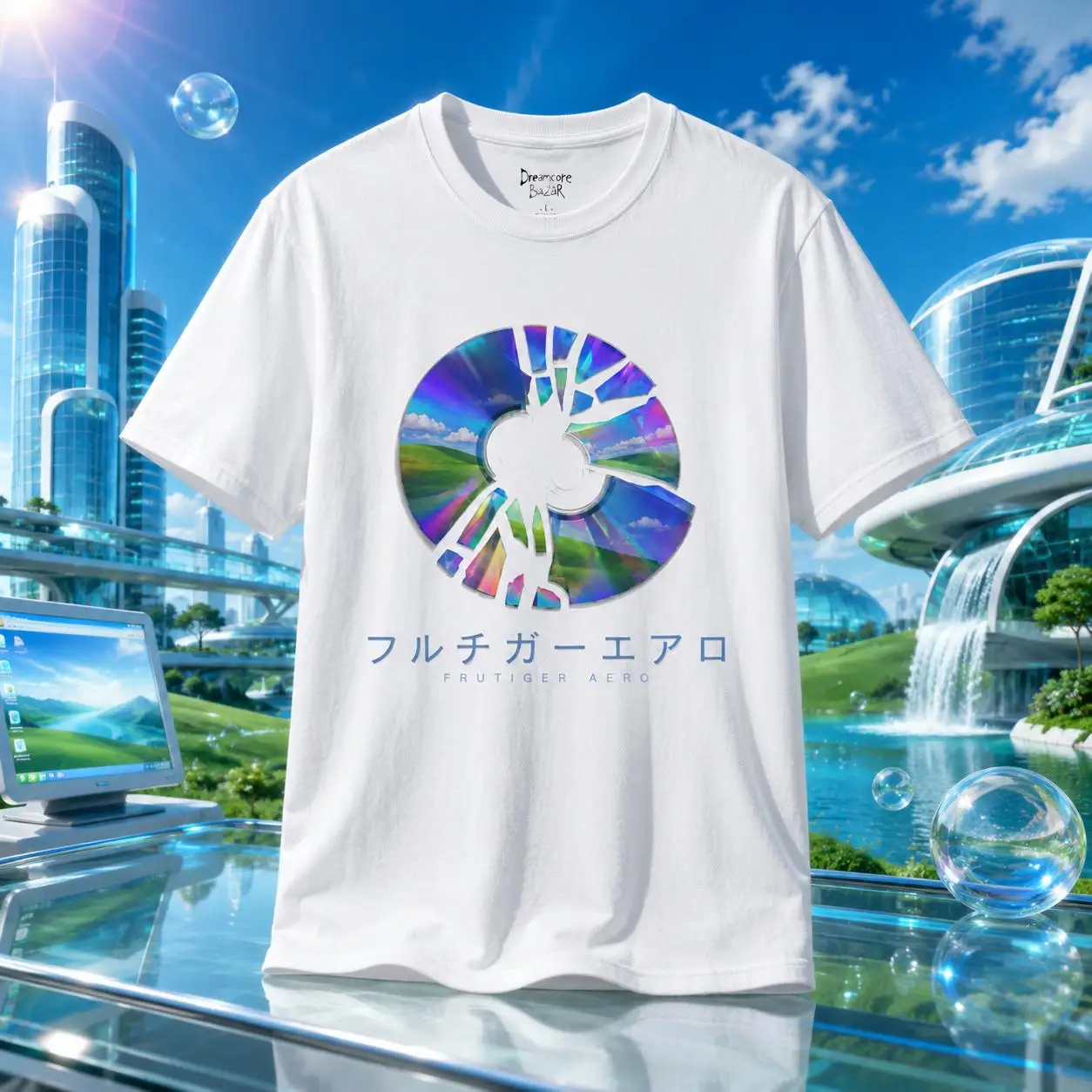 Broken Frutiger Aero CD T-Shirt | Windows XP Bliss Graphic Tee Y2K Tech Nostalgia Shirt Frutiger Metro Aesthetic Holographic