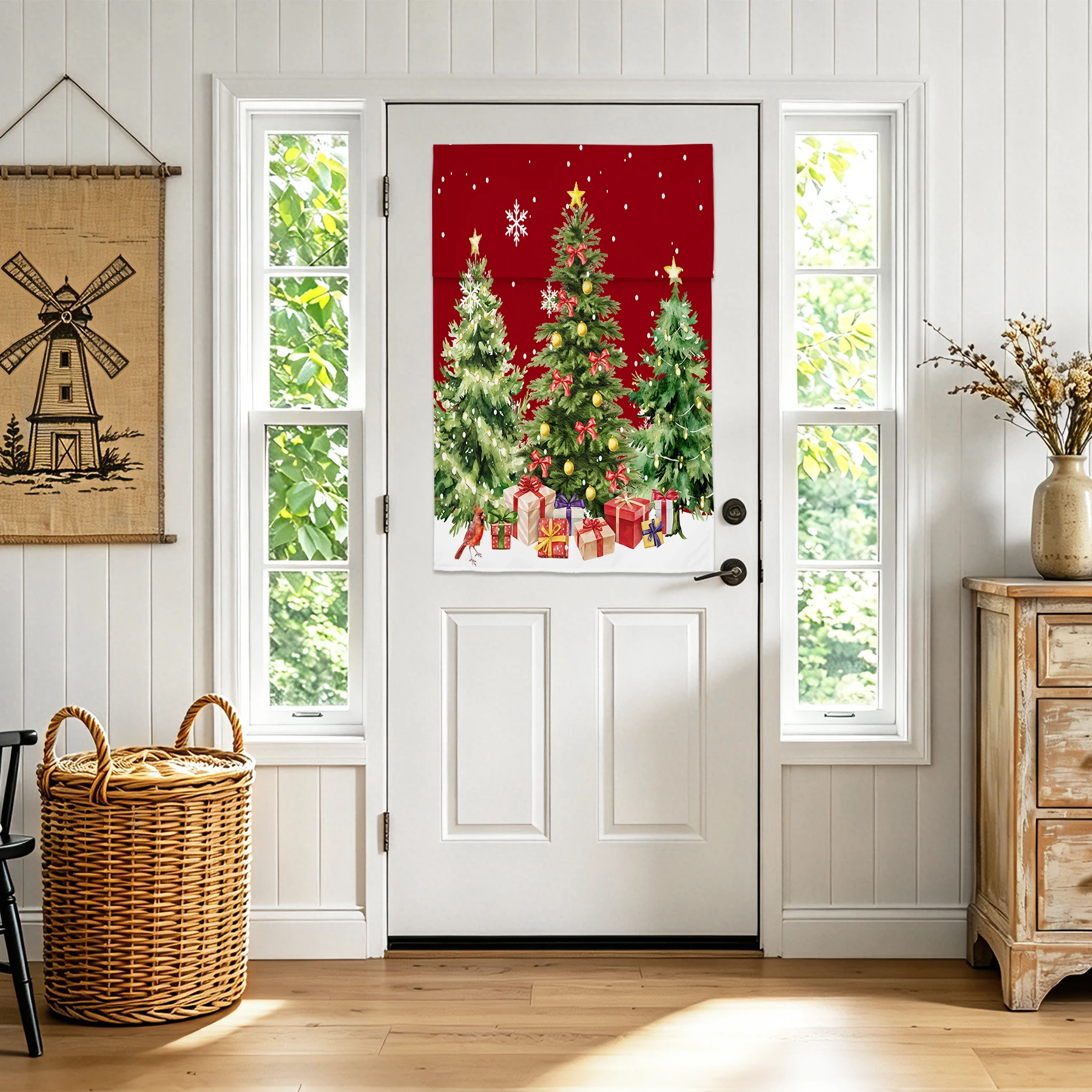 Christmas Door Curtain for Front Door, Xmas Privacy Tie Up Shade for Front Door Glass Window Holiday Decorative 1 Panel