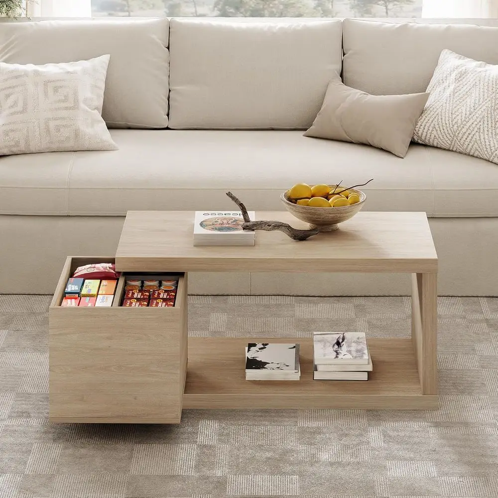 

ern Coee Table with Hidden Storage, 1.4" Thick Long Expandable Rotating Coee Table, Wood RecCocktail Table or Living Room,Natura