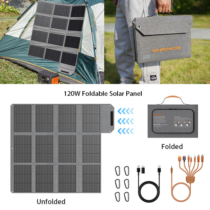 

MHPOWOS 120W Foldable Solar Panel USB C，USB A, DC Output Solar Charger For Cell Phone Outdoor Waterproof Power Bank for Camping