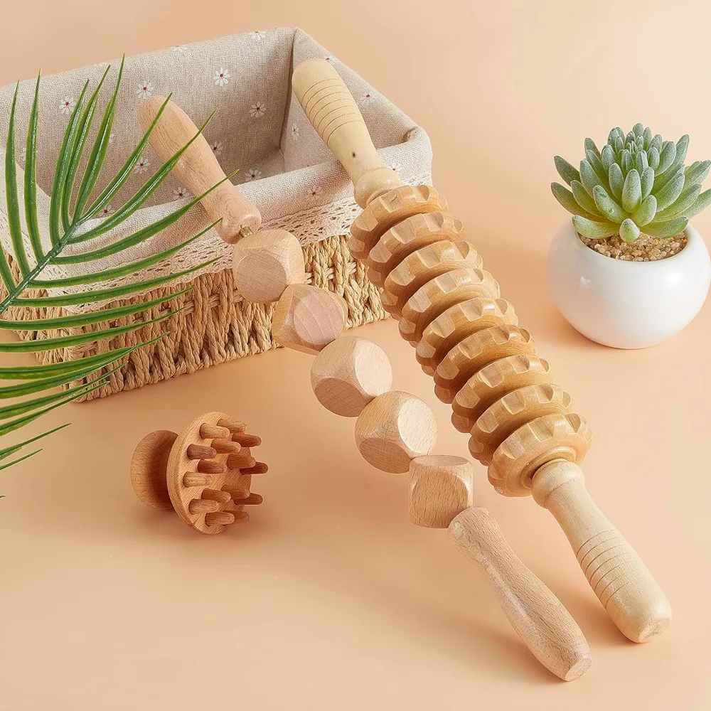 5 in 1 Wood Therapy Massage Tool Lymphatic Drainage Massager Anti Cellulite Fascia Massage Roller for Full Body Muscle Relaxatio