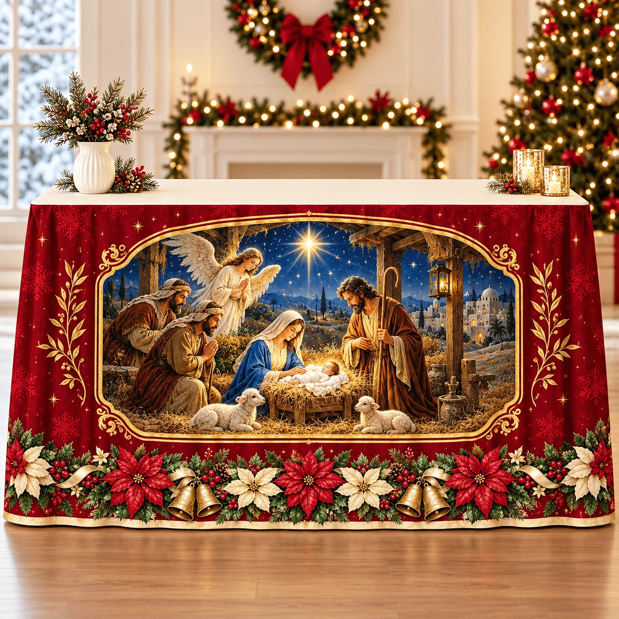 1 nativity table dress, red and gold Christmas theme with Bethlehem starry night, Holy Family manger scene and floral bell print