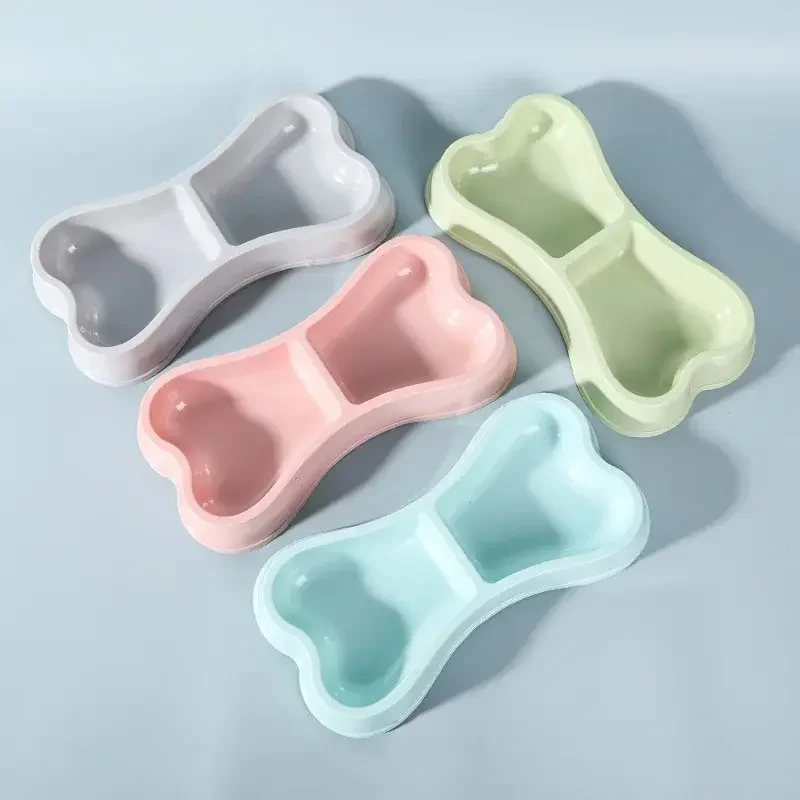 

Macaron Colored Bone Shaped Pet Double Bowl For Cat Plastic