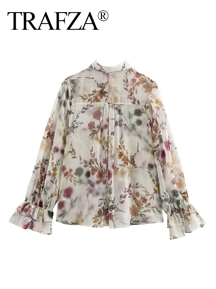 TRAFZA Women's 2025 Spring Elegant Flower Print Shirt Long Sleeves Ruffled Cuff Lapel Metalline Decorative Fashion Blouse