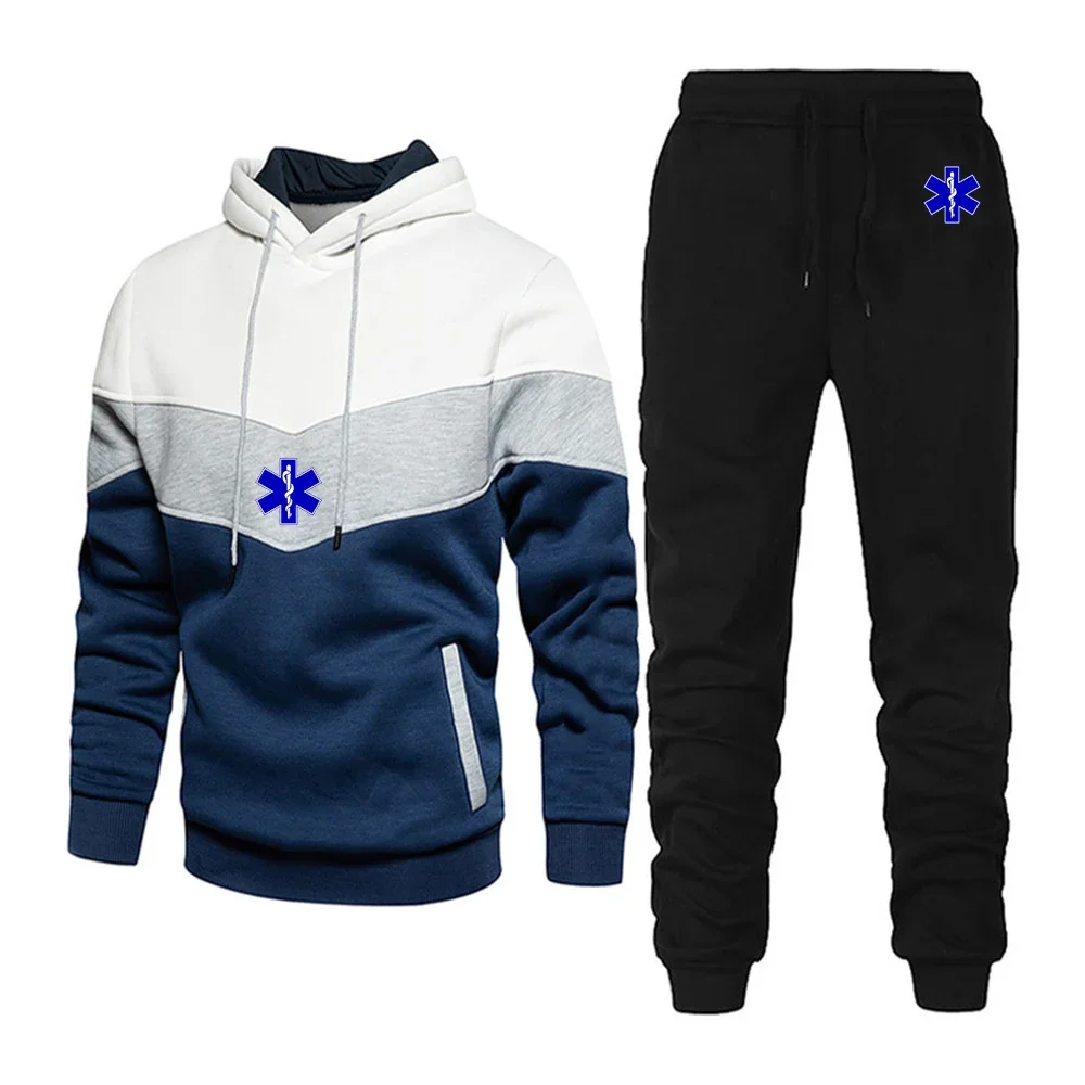 

2024 Autumn New Print EMT Paramedic Emergency Medical Casual Three Color Stitching Patchwork Hoodies+ Trousers Comfortable Set