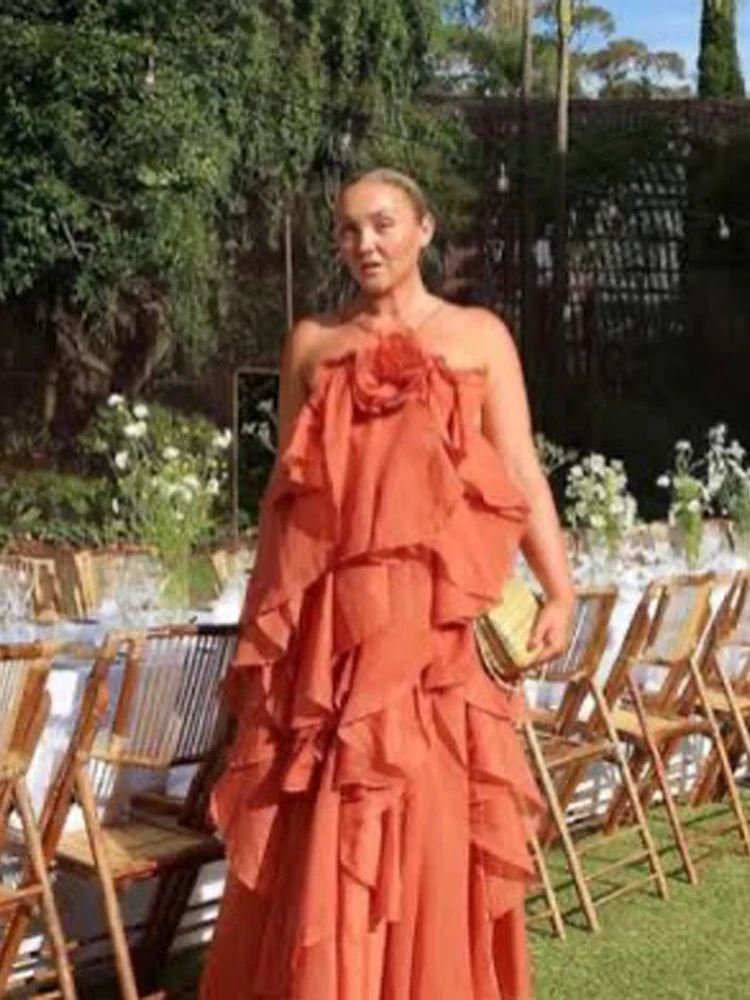 

Элегантное женское длинное платье с открытыми плечами, оборками и тонкими бретелями, без спинки, для вечеринок и торжественных мероприятий, модель 2026