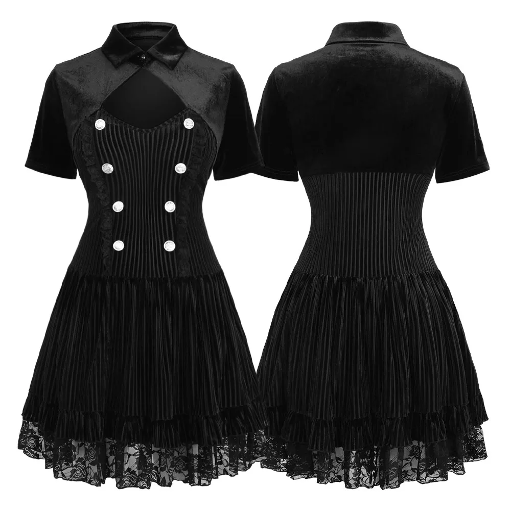 فستان نسائي قوطي مقاس كبير من ROSEAGL فستان مخملي مع ياقة مقلوبة وأزرار وهمية مضلعة مزخرفة بالدانتيل فساتين ذات طبقات