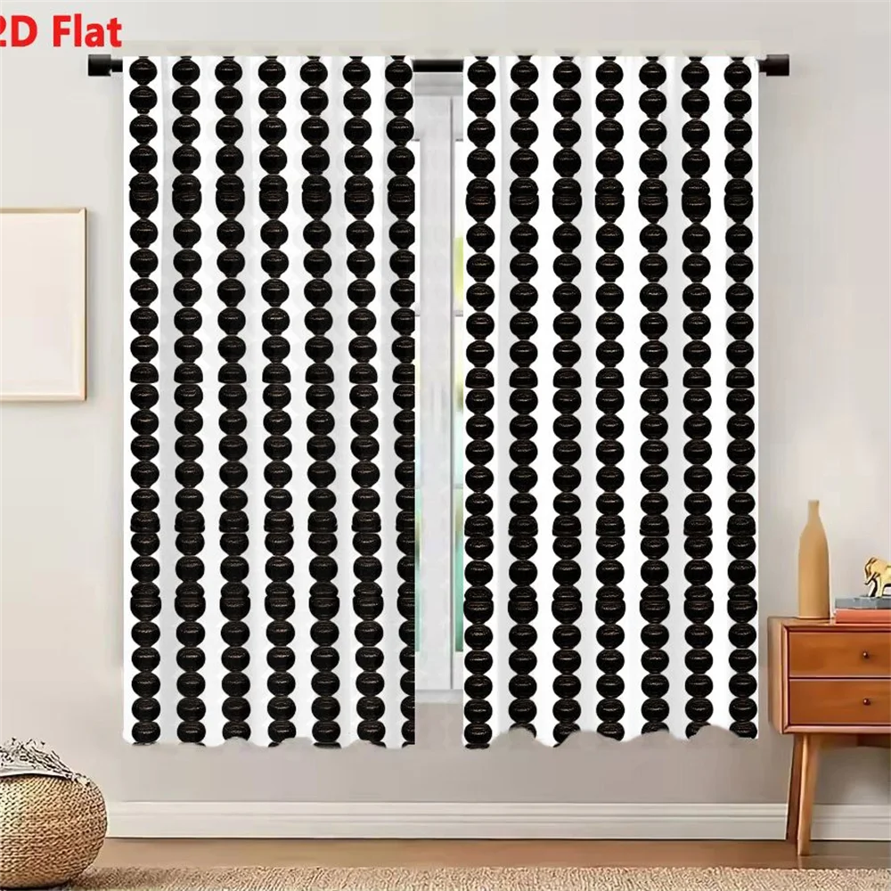 2Pcs Curtains Black Oval Bead Pattern On White Background With Glossy Finish And Geometric Design Window Drapes for Bedroom Room