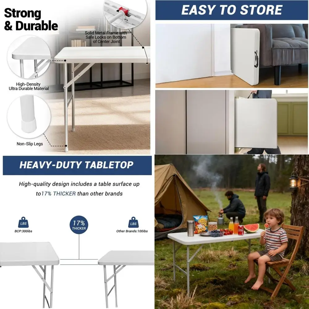 

Портативный белый пластиковый складной стол для внутреннего и наружного использования, идеально подходит для кемпинга, пикников и вечеринок.