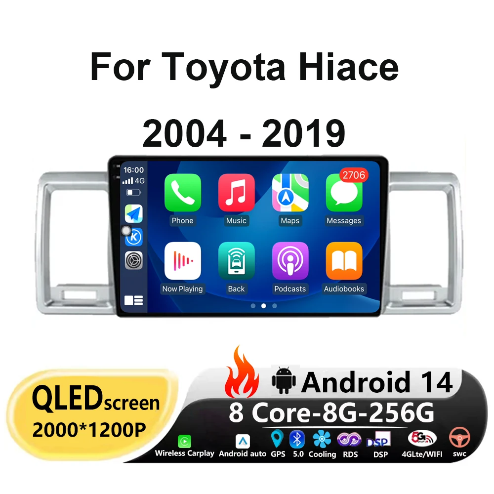 

Car Radio Multimedia Video Player Android 14 For Toyota Hiace 2004 - 2019 Auto Carplay Navigation GPS screen 4G WIFI 360 Camera