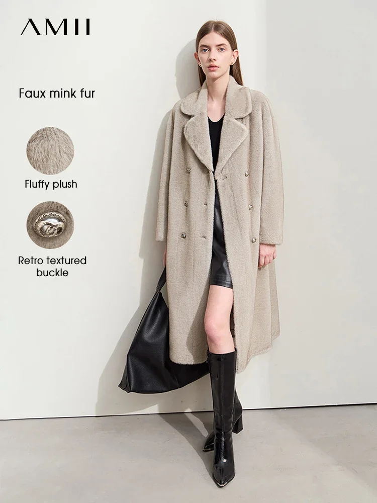 AMII Minimalism Women's Imitation Mink Eco-friendly Fur Suit Collar Double-breasted 2024 Winter Loose Thick Outerwears 12424011