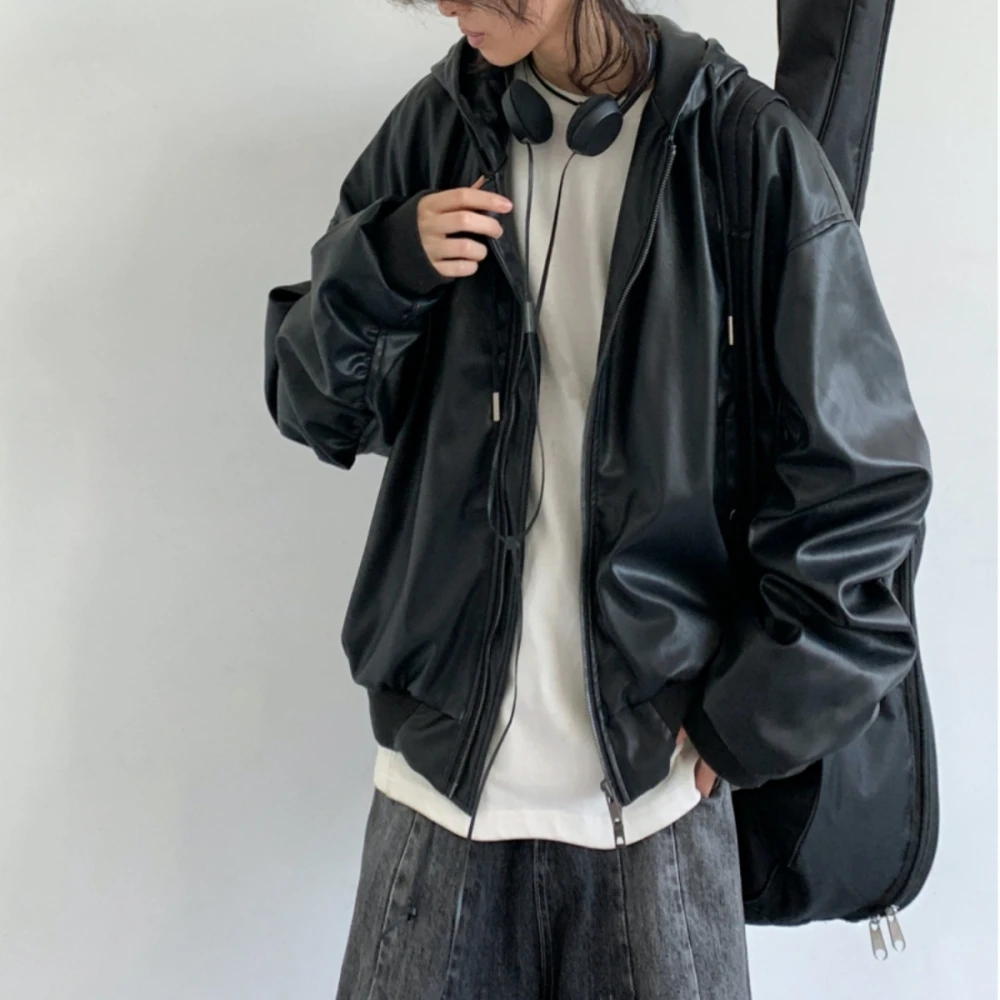 Korean Fashion Motorcycle Leather Jacket Men Streetwear Hooded Leather Coat High Quality Loose Jacket Hip Hop Mens Clothing