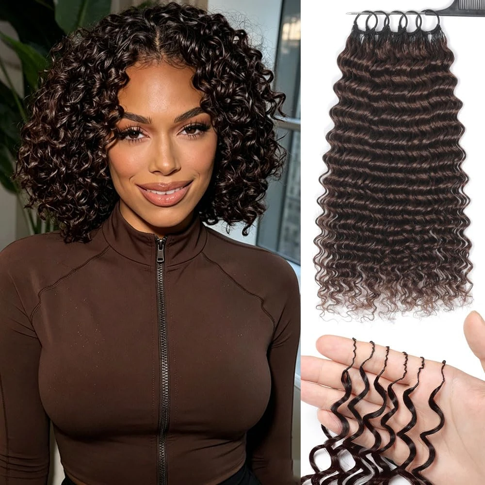Chocolate Brown Deep Wave Feather Crochet Human Hair Extension Miracle Knots Pre Separated Knotless Crochet Hair For Boho Braid
