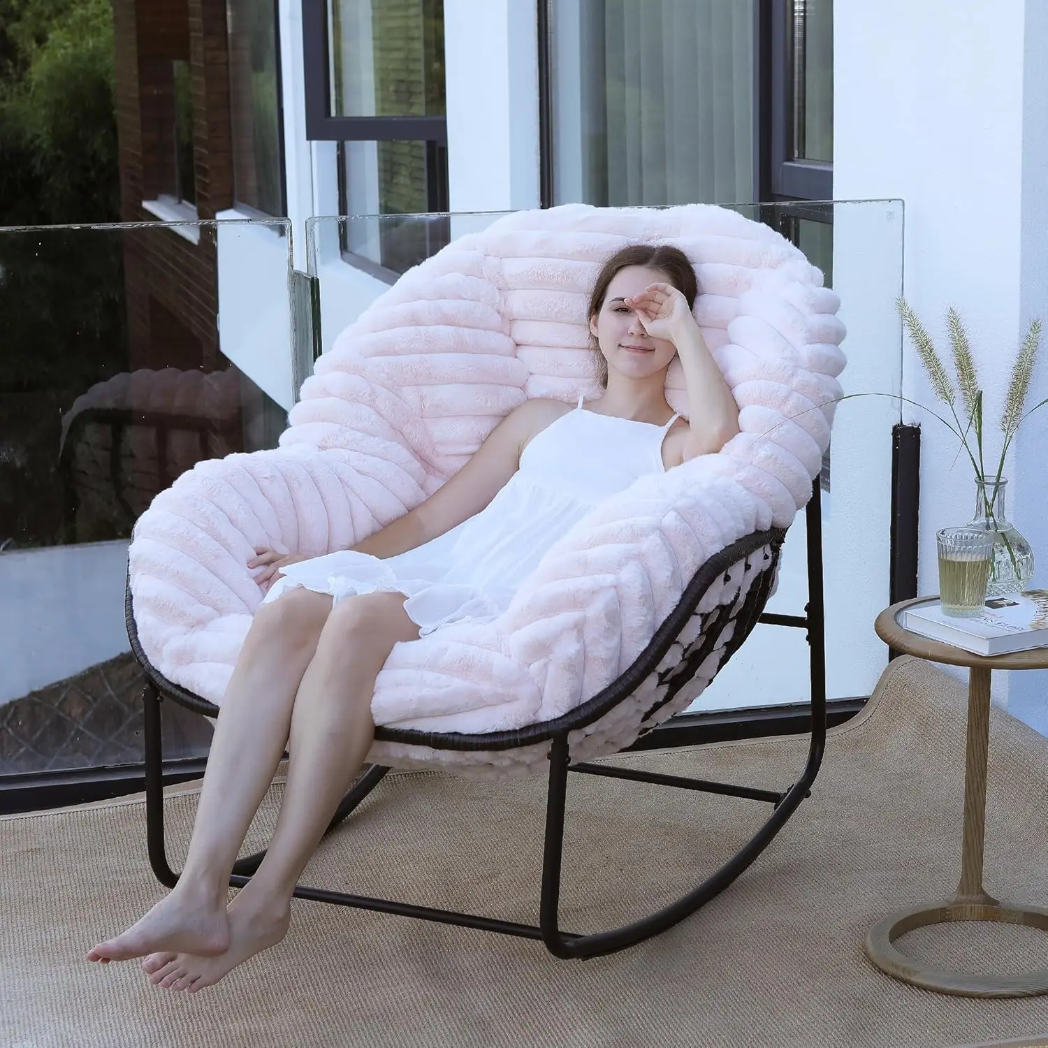 

Outdoor Rocking Chair, Patio Wicker Egg Chair, Indoor Comfy Oversized Papasan Chair with Padded Cushion, Royal Rattan Rocker for