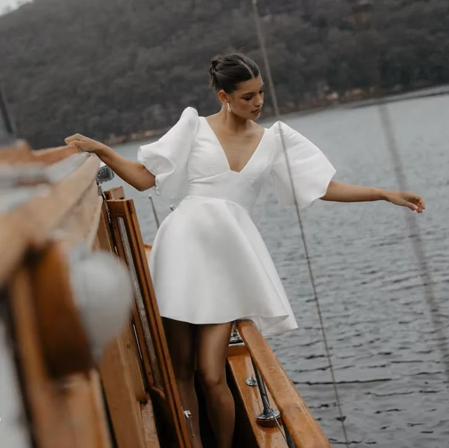 New Satin Mini Wedding Dress Puff Short Sleeve Deep V Backless A Line Beach Bridal Gown Short Reception Elopement Bride Dresses