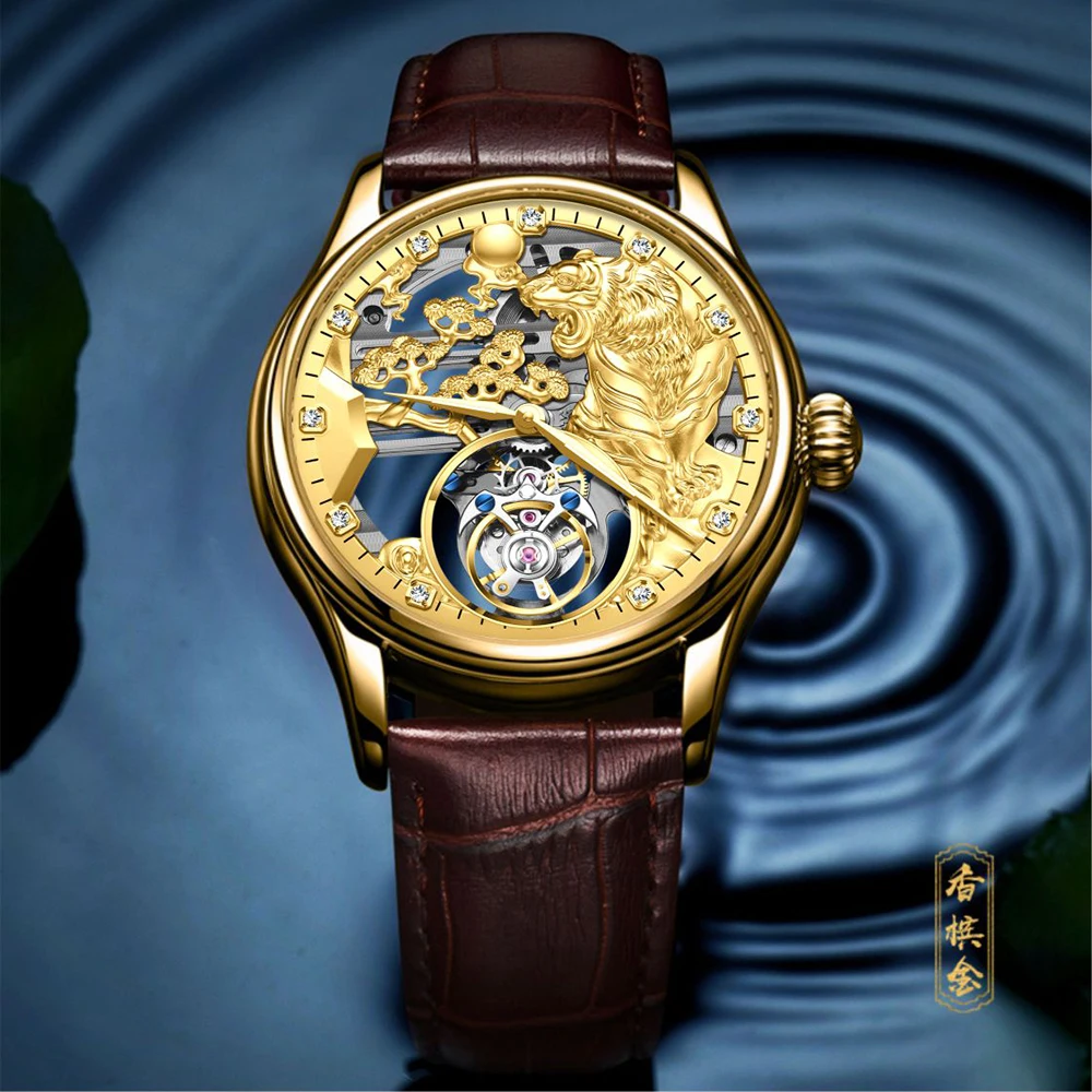 

Aesop Zodiac Gold Mens Tourbillon Mechanical Watches Tiger Skeleton Hollow Luminous Hands Montre Homme Tourbillon Wristwatches