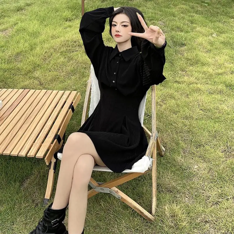 2022 New Plus Size 4XL Women Spring Gothic Y2K Black Shirt Dress Solid Long Sleeve Lapel Button Up Mini Dresses Girl Clothing