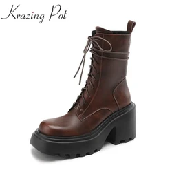 Krazing Pot Cow Leather Vintage Thick High Heels Round Toe Winter Lace Western Boots Punk Style Rock Singer Platform Ankle Boots