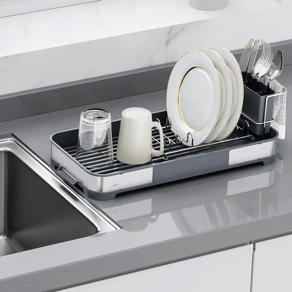 

StainlSteel Dish Drying Rack - Small Space Saving Dish Drainer with Removable Cutlery Holder, Drain Spout, and Towel Bar - Rust-