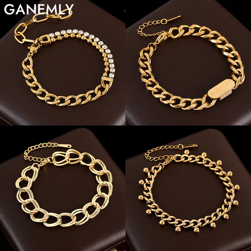 

GANEMLY 316L Stainless Steel Link Bracelet Bangle For Women Fashion Trendy 18K Gold Plated Wrist Chain Jewelry Gift Party Bijoux