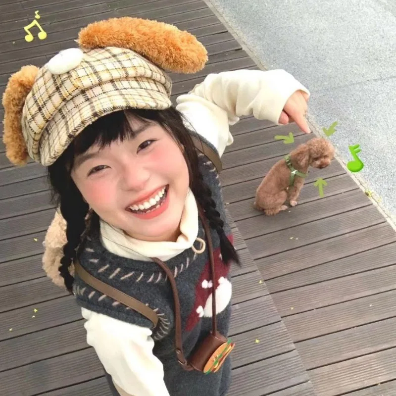 

Ladies' Berets Japanese Puppy Plaid 3D Ear Cute Kawaii Sweet Verstaile Plush Berets Autumn Winter Warm Painter Hats For Girl