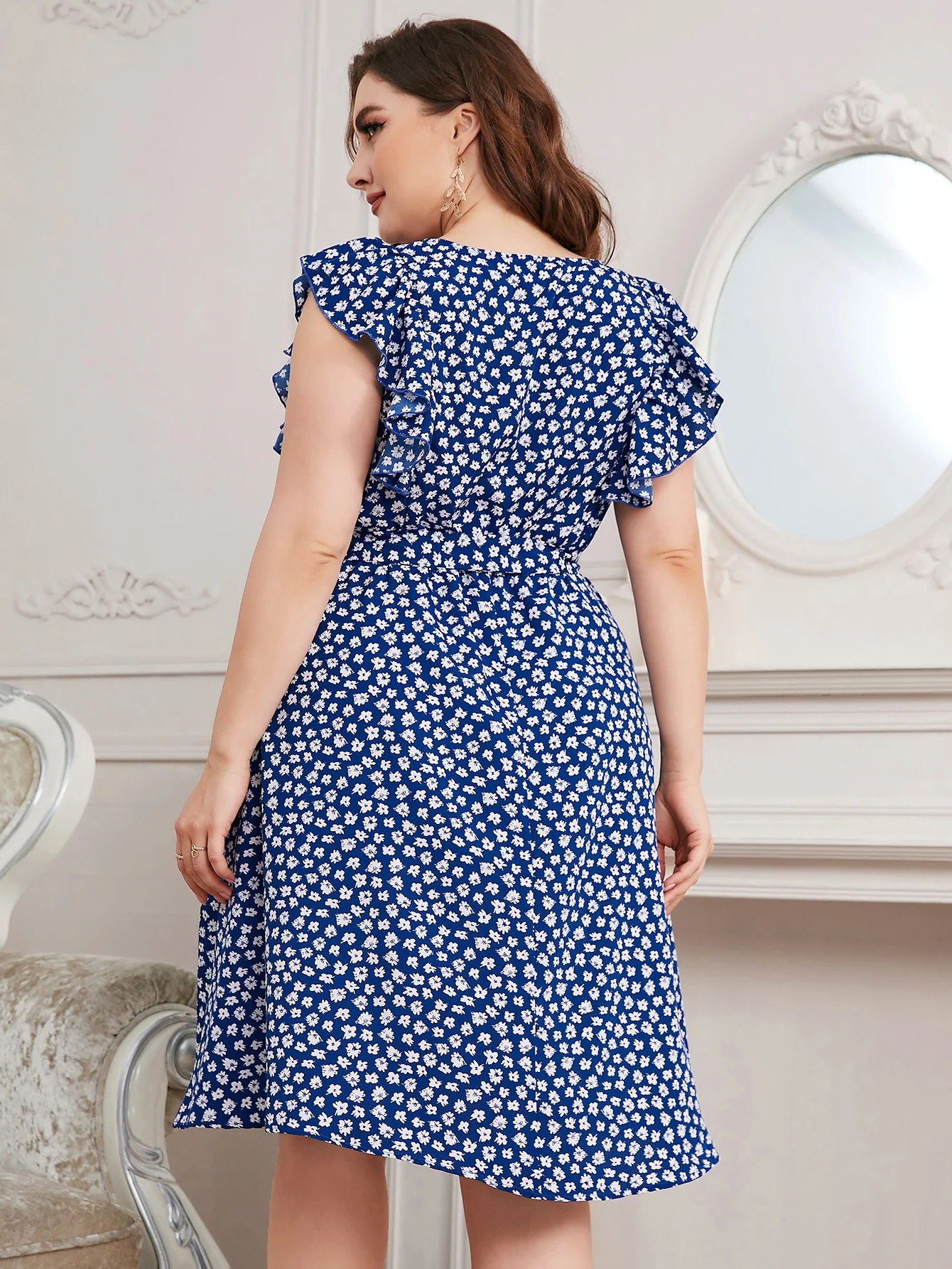 Della mel elegant plus size Frauen kleidung Midi kleid lässig blau kurze Ärmel a-line Blumen druck große Größe Party lange Kleider