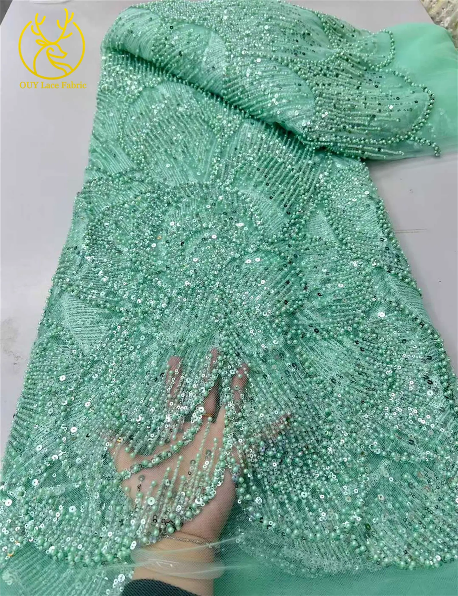 Marineblauer Luxus Hochwertiger Bestickter Perlen-Pailletten-Spitzenstoff Modischer Französischer Tüll-Netzstoff für Party und Hochzeit – Detail 10