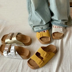 Fashion Summer Women's Cork Footbed Slide Shoes Female Beach Sandals House Mules Soft Soles Clogs Sandals With Adjustable Buckle