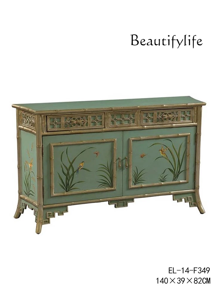 

French Retro Cyan Hand Painted Bird-and-Flower Painting Double Door Entrance Cabinet American Country Solid Wood Sideboard