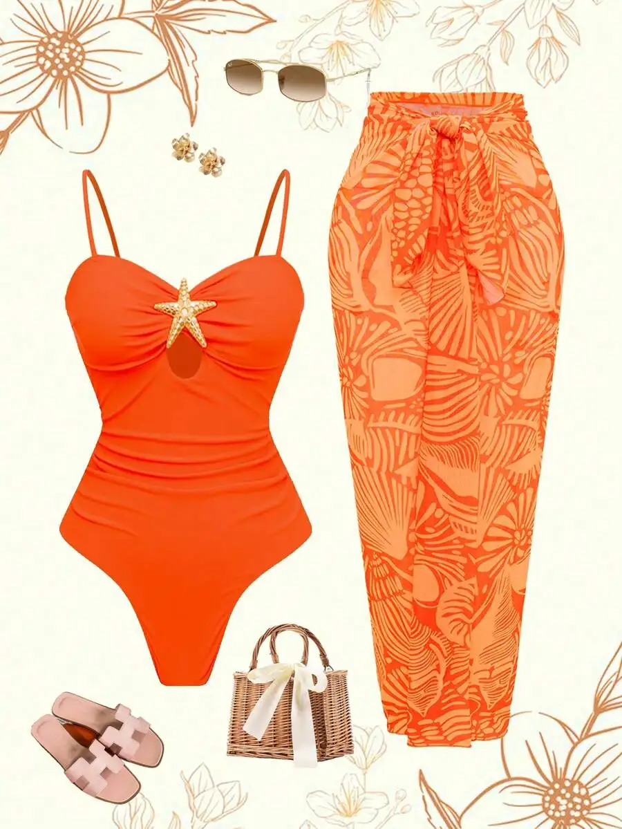 

Orange One Piece Swimsuit With Starfish Decor And Floral Print Cover Up Set