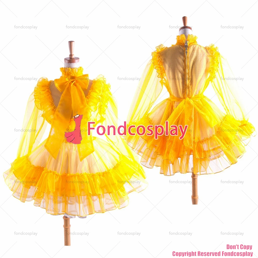 

fondcosplay adult sexy cross dressing sissy maid Yellow Organza Lockable Uniform Dress Cosplay Costume CD/TV[G1367]