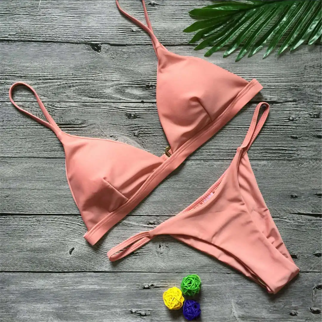 Neuer, verführerischer, gepolsterter brasilianischer Bikini, Damen-Badeanzug, zweiteiliges Bikini-Set, einfarbiger Badeanzug, Damen-Badebekleidung, V64A. – Detail 35