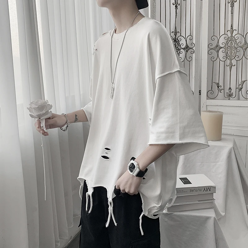 Hip Hop High Street T-Shirt Men's Summer New Style Hollow out Short Sleeve Base Shirt Casual Loose Fit round Neck Print Tee