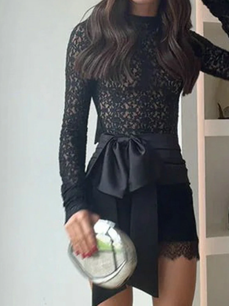 Fashion Hollow Out See-through High Street Sets Sexy O-neck Long Sleeve Outfits Black Lace Embroidery Bodysuits&Mini Skirts Sets