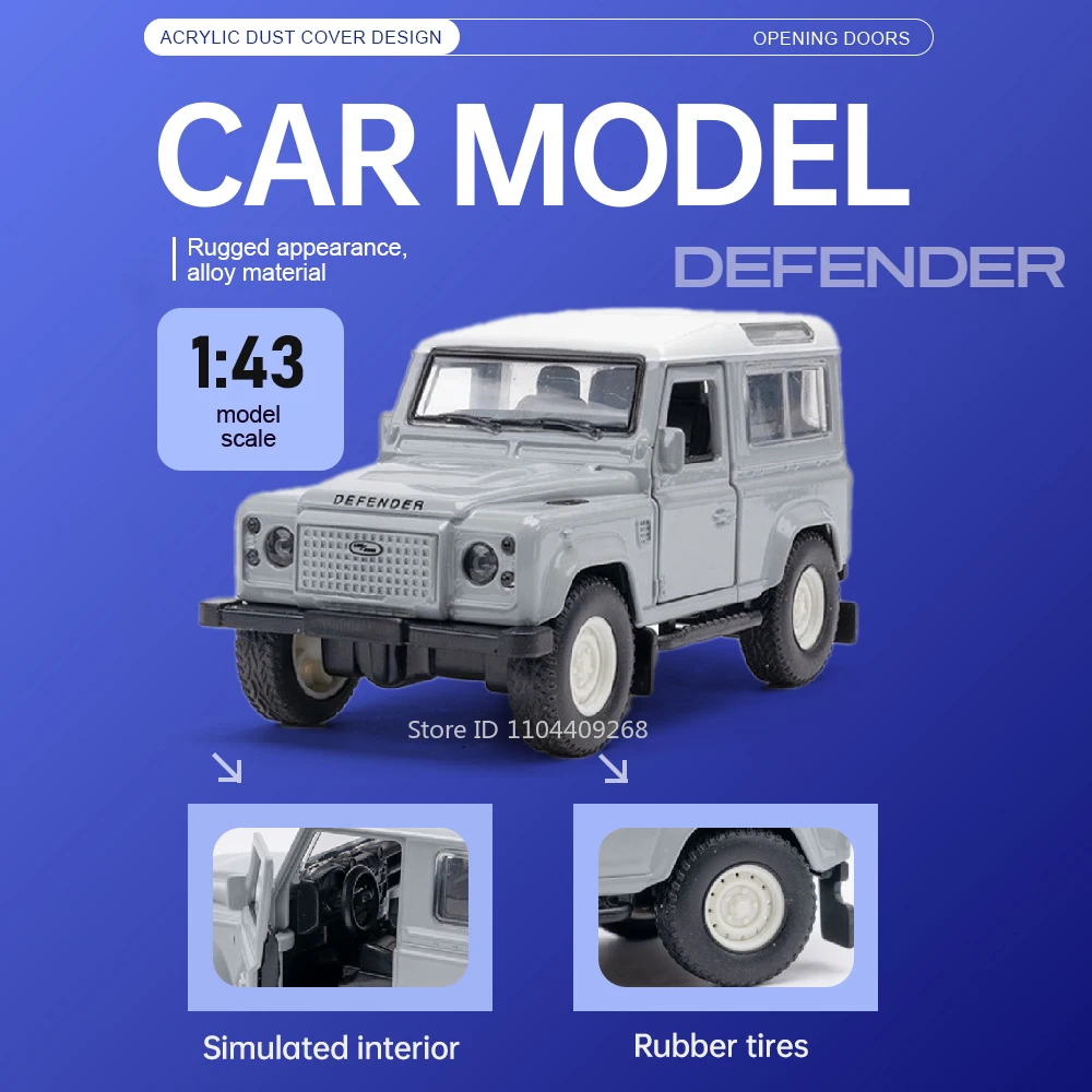 

Модель Land Rover Defender 1:43, классический автомобиль-игрушка, открывающиеся двери, металлический корпус, резиновые шины, внедорожник, модель для декора стола